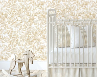 Boho wallpaper - gender neutral natural beige watercolor leaves. Feature wall Peel & stick Removable Wallpaper. Bohemian Nursery wallpaper