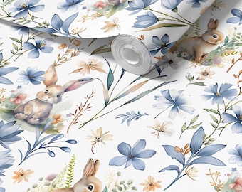 Floral Nursery Wallpaper With Cute Bunny Rabbits - Cottage Chic Blue Decor for Your Baby's Room - Adorable Animal Vibes