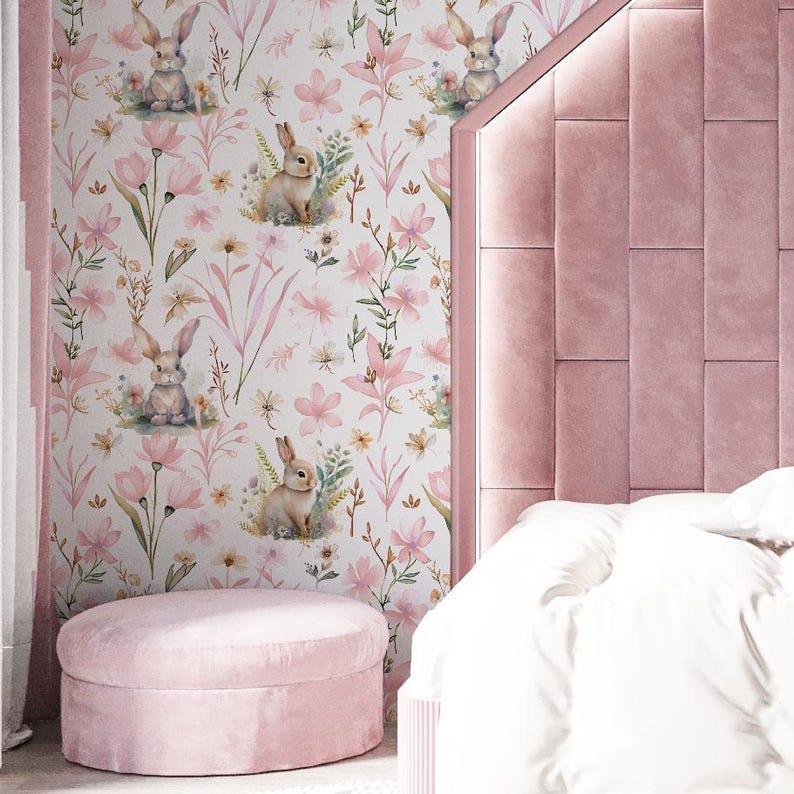 Pink Floral Wallpaper Bunny Rabbit Nursery Wall Decor Cottage Chic Pink ...