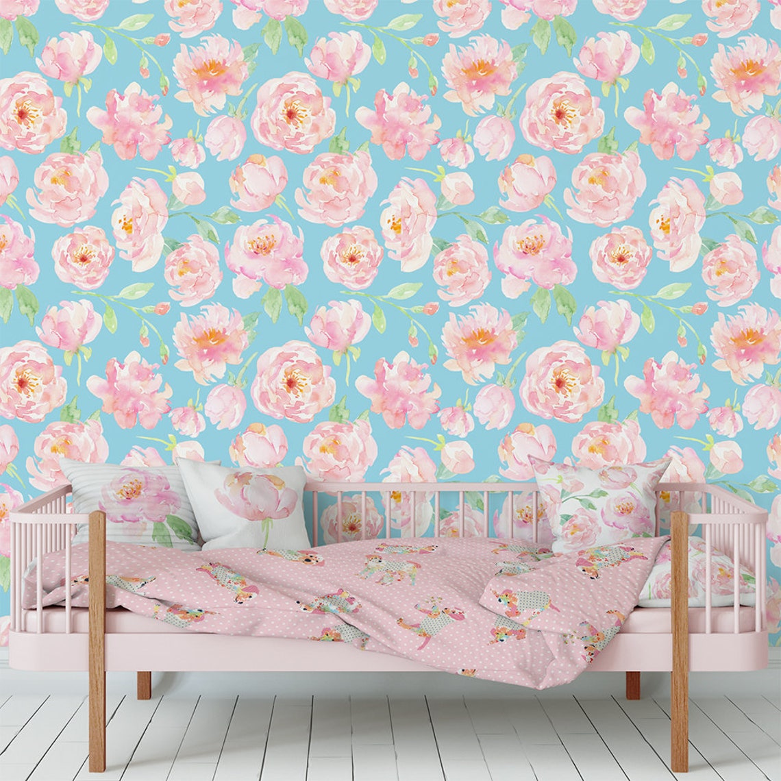 Aqua Blue & Pink Floral Nursery Wallpapers Girl. Watercolor Etsy