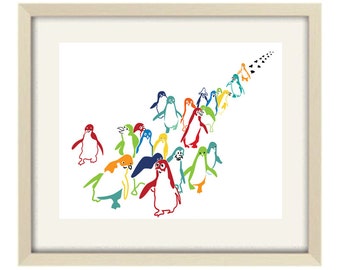 Penguin Bathroom Art - Colorful Nursery Decor - Modern Abstract Wall Print