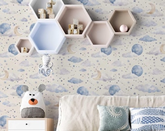 Cosmic Sky Peel and Stick Wallpaper – Blue Moon & Stars Nursery Decor