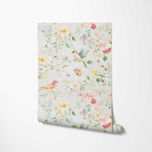 Floral Wallpaper With Birds - Elegant Gray Watercolor With Flowers, Butterflies And Birds Wall Decor For Bedroom, Kids Room And Baby Nursery