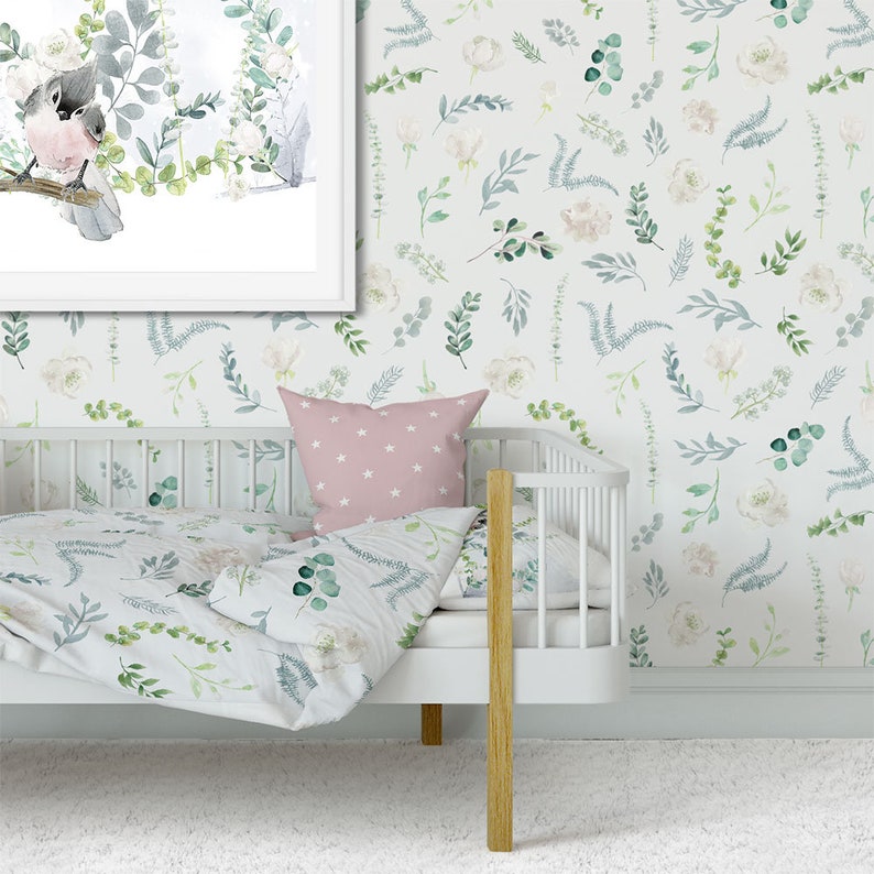 Floral Removable Nursery Wallpaper. Leafy Green Watercolor - Etsy