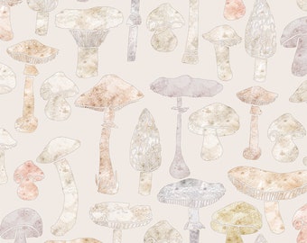 Woodland Mushroom Nursery Wallpaper - Removable Custom Roll with Watercolor Print in Neutral Cream and Beige