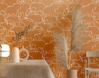 Modern Elephant Safari Wallpaper - Removable Peel  Stick Roll - Burnt Orange Playroom Boys Room Boho Nursery Decor
