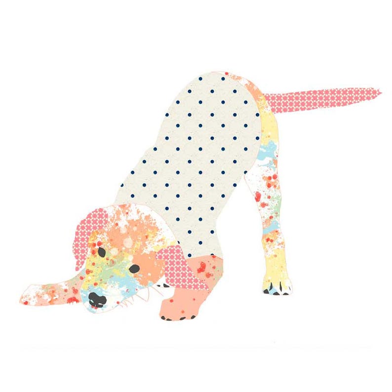 May include: A colorful patchwork dog illustration with a white background. The dog is in a playful pose, with its head down and its tail wagging. The dog is made up of different patterns and colors, including polka dots, stripes, and floral prints.
