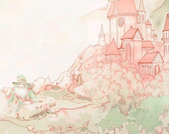 Pink Toile Castle Dragon Wallpaper, Whimsical Wall Art (Peel Stick)