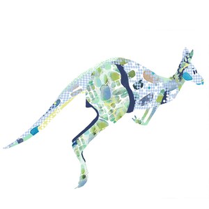 May include: A blue, green, and white abstract patterned kangaroo silhouette. The kangaroo is in mid-jump with its tail extended behind it.