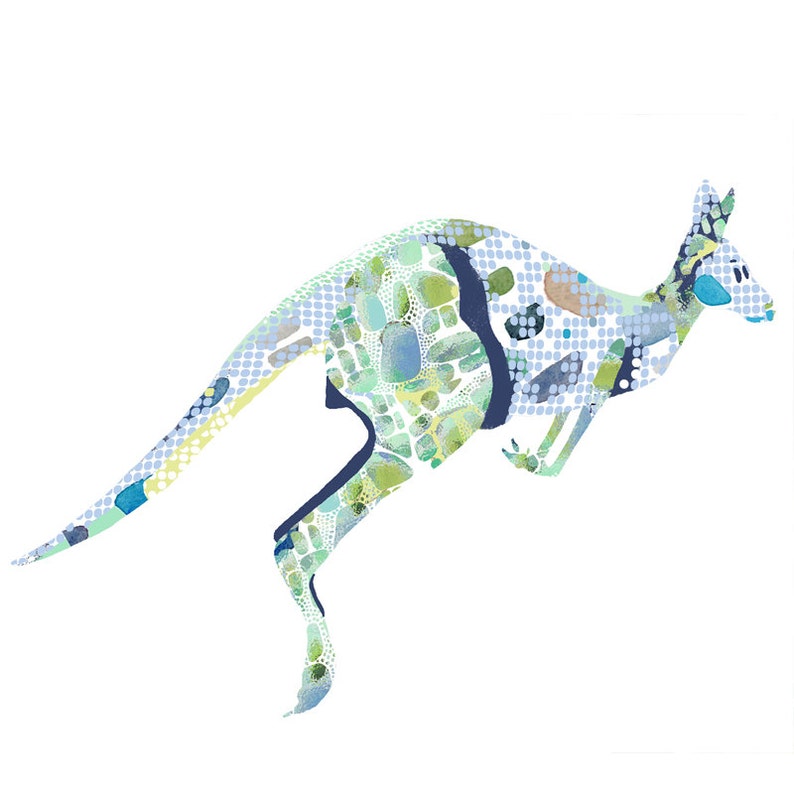 May include: A blue, green, and white abstract patterned kangaroo silhouette. The kangaroo is in mid-jump with its tail extended behind it.