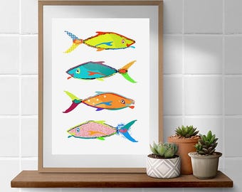 Colorful Fish Kids Bathroom Art Print – Modern Beach Decor