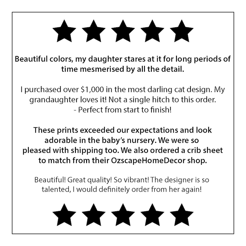 May include: Five star review with text praising the quality and design of a print. The text mentions a cat design, a crib sheet, and a shop called OzscapeHomeDecor.