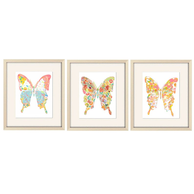 Floral Butterfly Nursery Art Print Set Pretty Wall Decor for Baby Girls Room Abstract Butterflies Artwork image 2