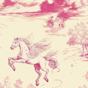 Op de afbeelding: Een roze en witte illustratie van een gevleugeld paard, of pegasus, dat vliegt in een fantasierijk landschap. Het paard is gedetailleerd en gestileerd afgebeeld, met zijn vleugels wijd uitgespreid en zijn manen die in de wind wapperen. De achtergrond heeft een zachte, pastelkleurige kleurenpalet en bevat bomen, een rivier en twee figuren die in de verte lopen.