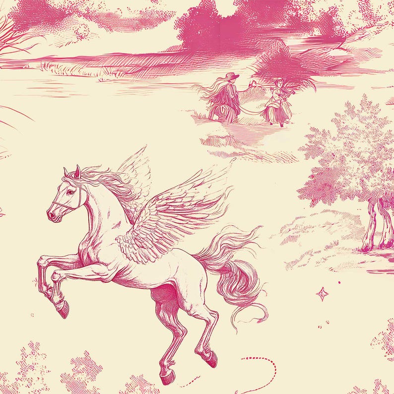 Op de afbeelding: Een roze en witte illustratie van een gevleugeld paard, of pegasus, dat vliegt in een fantasierijk landschap. Het paard is gedetailleerd en gestileerd afgebeeld, met zijn vleugels wijd uitgespreid en zijn manen die in de wind wapperen. De achtergrond heeft een zachte, pastelkleurige kleurenpalet en bevat bomen, een rivier en twee figuren die in de verte lopen.
