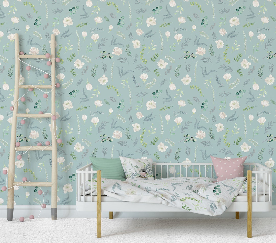 Floral Nursery Wallpaper Blue & White Removable Wallpaper. Etsy