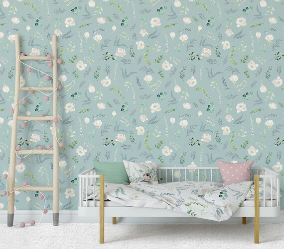 Floral nursery wallpaper Blue & white Removable Wallpaper. | Etsy
