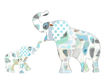 Elephant Nursery Art Print: Grey Blue Baby Boy Room Decor