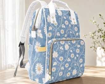 Nursery Bag New Mom Gift Diaper Backpack For Baby Overnight Nappy Bag - Waterproof Light Blue Floral Fabric