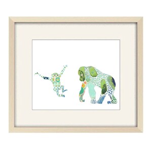 May include: A framed print of a green and blue monkey and elephant, both made of patterned shapes. The animals are on a white background.