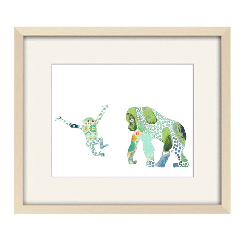 May include: A framed print of a green and blue monkey and elephant, both made of patterned shapes. The animals are on a white background.