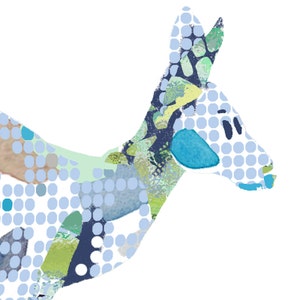 May include: Abstract illustration of a blue and green animal with a spotted pattern. The animal has a long neck and a long snout. The background is white.