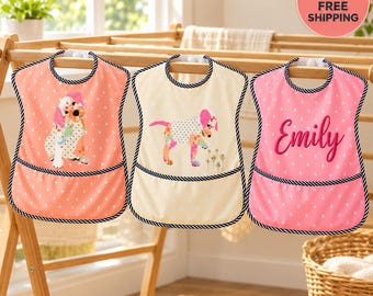 Personalized Toddler Bib Set of 3, Waterproof Feeding Bibs with Food Catcher Pocket, Puppy Design, New Parent Gift