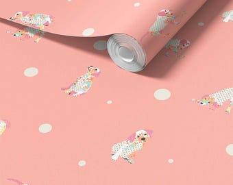 Cute Coral Pink Puppy Dog Wallpaper For Girls Room  - Removable Peel And Stick Polka Dot Dog Wall Decor for Kids And Dog Lovers