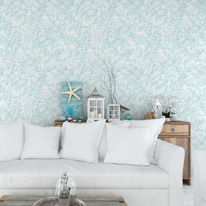Green Mint Coastal Beach House Wallpaper With Watercolor Botanical ...