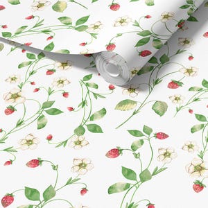 Strawberry Floral Wallpaper - Elegant Watercolor Strawberry Wall Decor For Bedroom, Kids Room And Baby Nursery