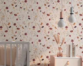 Butterfly Wildflower Wallpaper - Watercolor Peel and Stick, Non-Toxic