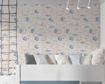 Cosmic Sky Peel and Stick Wallpaper – Blue Moon & Stars Nursery Decor