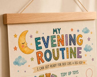 Bedtime Routine Chart Toddler Evening Visual Schedule Planner Linen Canvas Wall Art Hanging Kids Chore Chart
