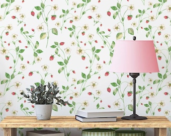 Strawberry Floral Wallpaper - Elegant Watercolor Strawberry Wall Decor For Bedroom, Kids Room And Baby Nursery