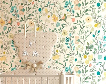 Floral Bird Wallpaper – Painterly Watercolor Peel and Stick, Girl's Bedroom