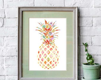 ゼンタングル パイナップル 水彩画 プリント、ホーム デコレーション