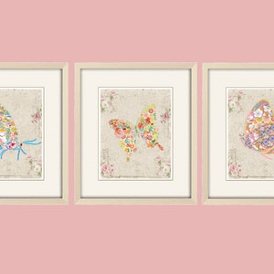 Shabby Chic Butterfly Print Set - Cottagecore Wall Decor with Abstract Butterflies - Floral Nursery Art for Girls Bedroom - Wall Decor