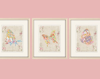 Shabby Chic Butterfly Print Set - Cottagecore Wall Decor with Abstract Butterflies - Floral Nursery Art for Girls Bedroom - Wall Decor