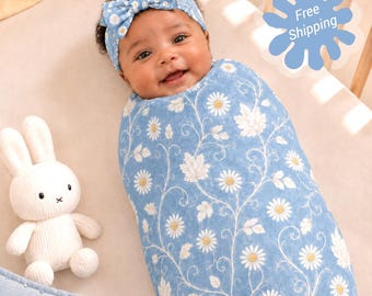 Blue Floral Newborn Swaddle Blanket Set With Headband, New Mom Baby Shower Gift Pretty Daisy Clothing