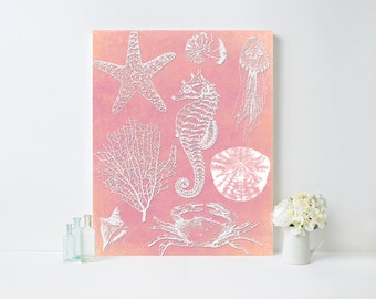 Coastal Wall Art Pink Tropical Ocean Decor with Sea Creatures for Bathroom