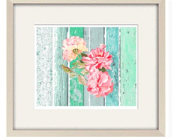 Aqua Green Nursery Wall Art Print - Shabby Chic Vintage Rose Floral - Baby Room Decor