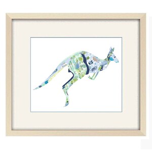 May include: A framed print of a stylized kangaroo silhouette, made up of blue, green, and white geometric shapes. The kangaroo is leaping forward with its tail extended.