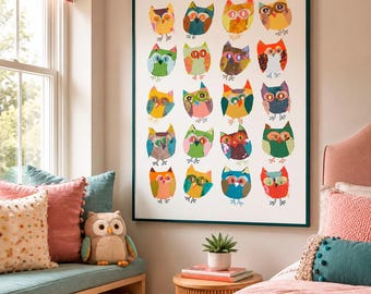 Owl Wall Art Print, Colorful Woodland Nursery Decor for Girls Bedroom or Playroom