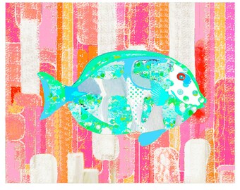 Coastal Fish Art Print: Pink and Green Kids Bathroom Decor