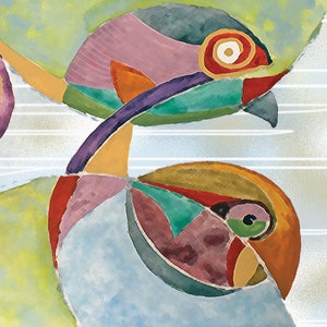 May include: Abstract watercolour painting of two stylised birds with colourful geometric shapes and patterns. The birds are painted in shades of blue, green, red, yellow, and purple.