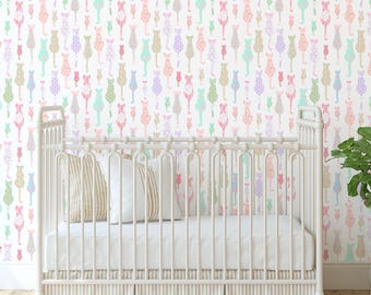 Pastel Cat Wallpaper, Shabby Chic, Nursery Decor (Peel and Stick)