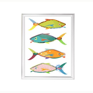 Fish Bathroom wall decor. Canvas or print Coastal art. tropical fish print. Kids bathroom decor. Beach house wall art. Abstract beach art. image 2