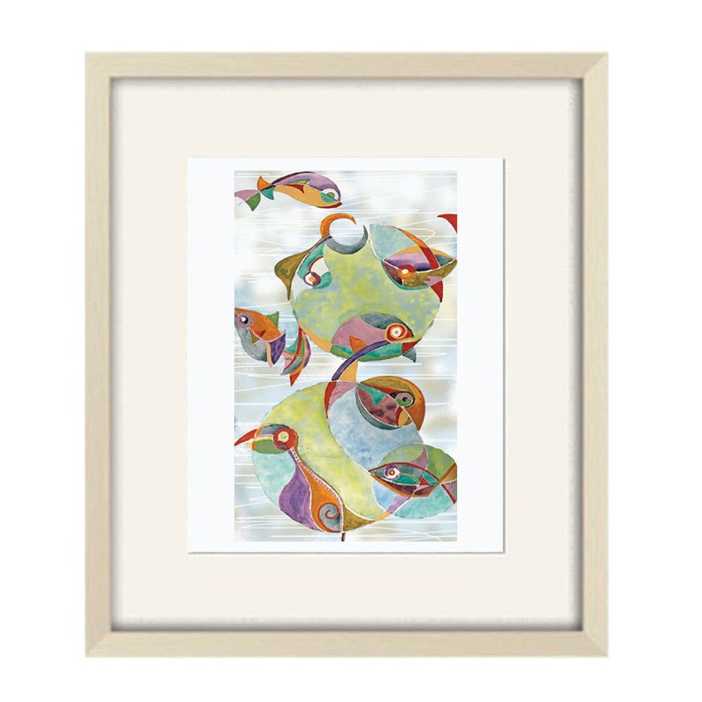 May include: Abstract watercolour painting of colourful fish and circles on a white background. The fish are stylised and have a whimsical feel. The painting is framed in a cream-coloured frame.