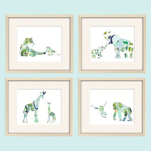 May include: Set of four framed prints featuring colorful animal silhouettes with their babies. The animals are a lion, elephant, giraffe, and gorilla. The prints are in a green and blue color scheme.