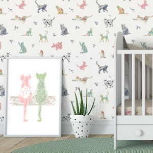 Cat wallpaper. Removable wall paper. Nursery wallpaper. Peel and stick Wallpaper Roll. Cat Wall mural. Shabby chic wallpaper Baby girl.